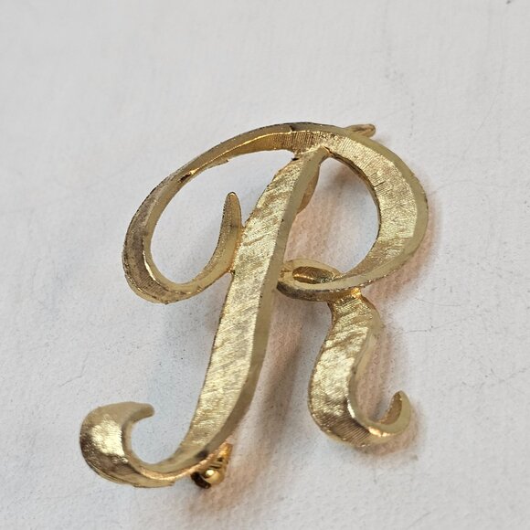 Mamselle Letter R Initial Brooch Gold Tone Monogram Script Retro Brushed Jewelry - Picture 3 of 9